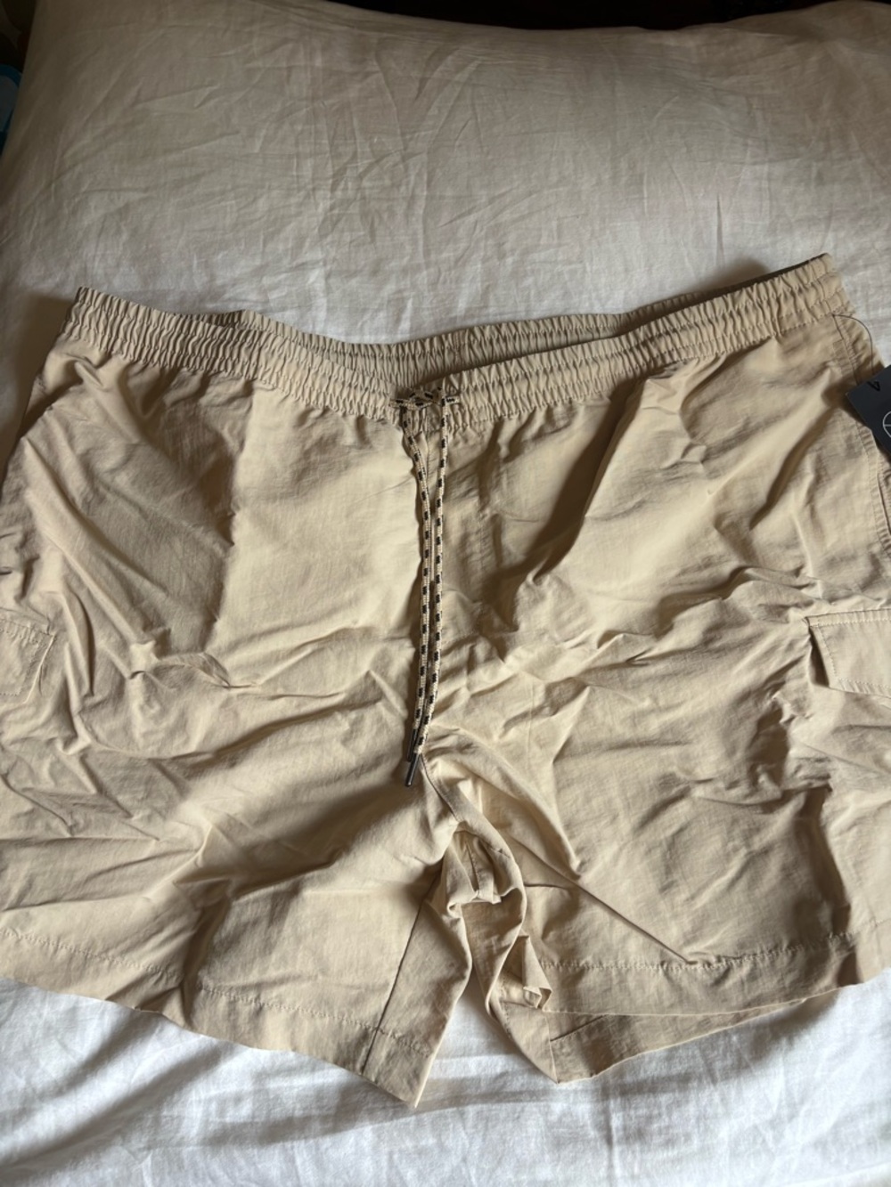 Beige Elastic-Waist Cargo Shorts